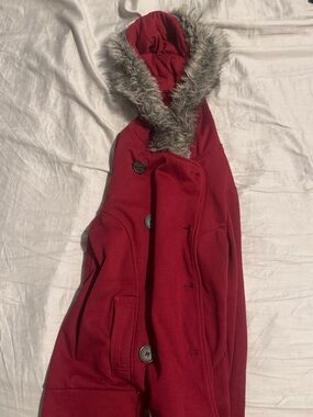 Streetwear Society Red Hooded Trench Coat with Faux Fur Trim